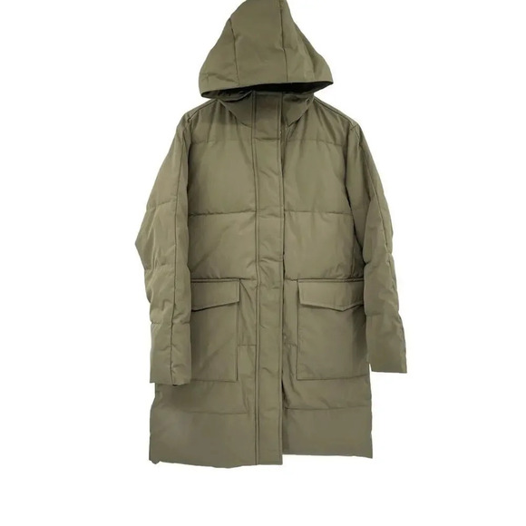 Everlane Women S The ReNew Long Puffer in Kalamata Green Primaloft Hooded Coat - Picture 6 of 13